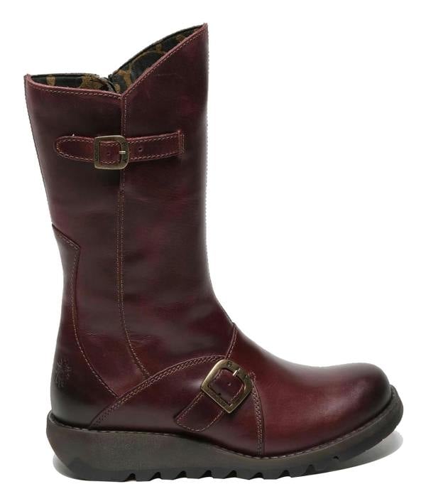 Fly London Womens Wine MES 2 Wedge Heel Buckle Mid-Calf Leather Zip Platform Boots