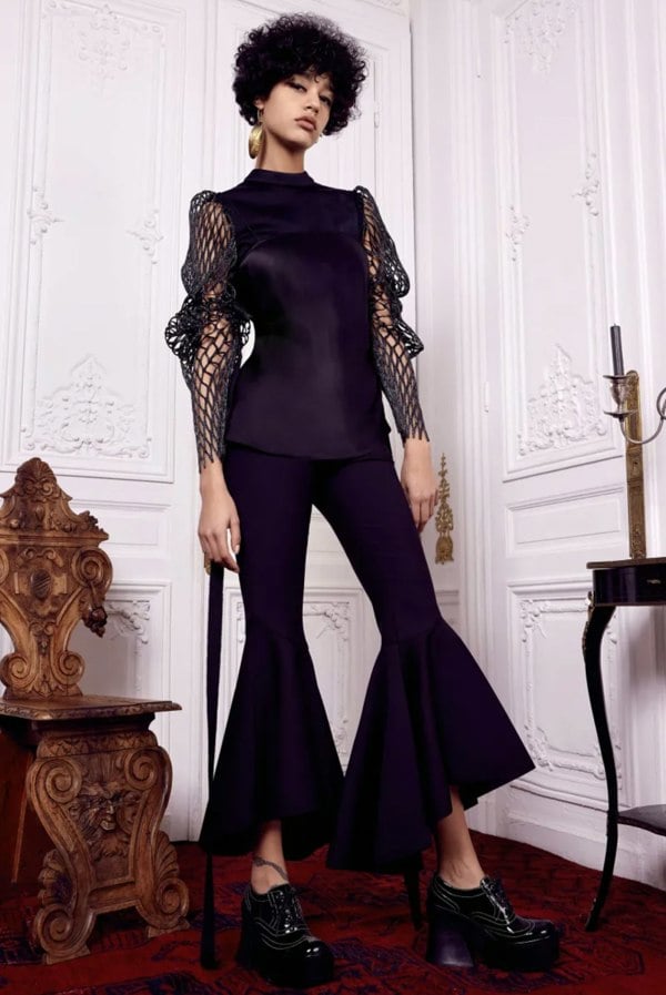 Ellery black satin tailored fit top with latticework sleeves