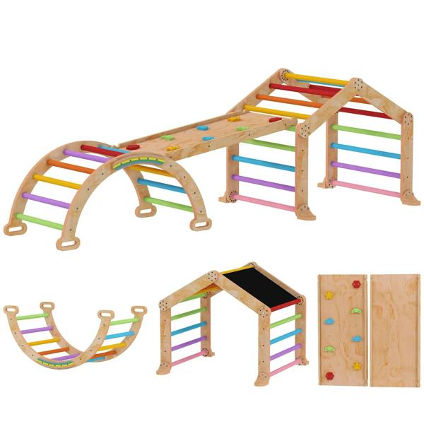 Multifunction toddler wooden climbing frame with rainbow ladder, slide ramp, arch, blackboard