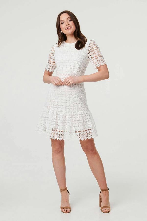White | Semi Sheer Lace Layer Fitted Short Dress