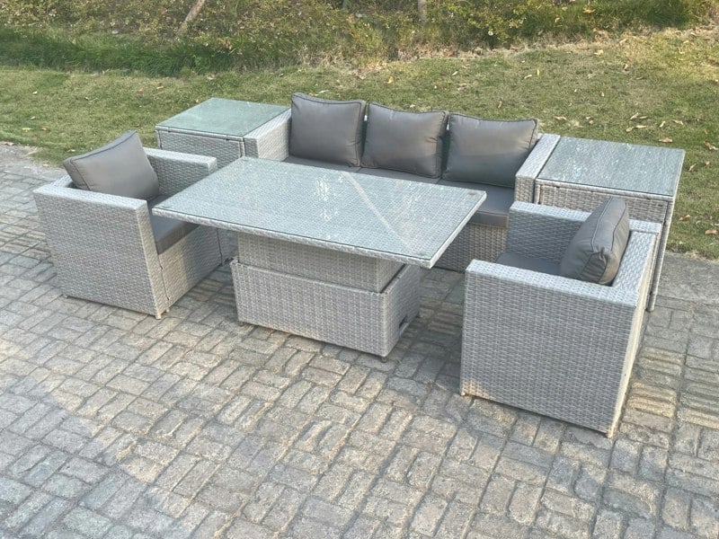 Fimous Rattan Garden Funiture Set Adjustable Rising Lifting Table Sofa Dining Set With 2 Arm Chair 2 Side Table