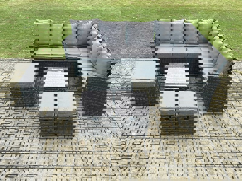 Fimous Rattan Garden Furniture Set Outdoor Lounge Corner Sofa Set With Square Coffee Table 3 Footstools 9 Seater Dark Grey Mixed