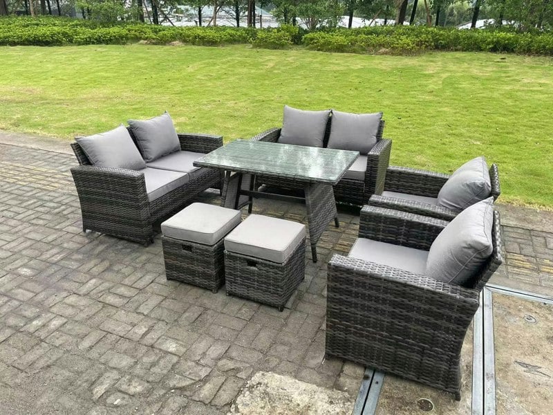 Fimous 8 Seater Outdoor Dark Grey Mixed High Back Rattan Sofa Dining Table Set Garden Furniture Love Sofa Chair 2Stools