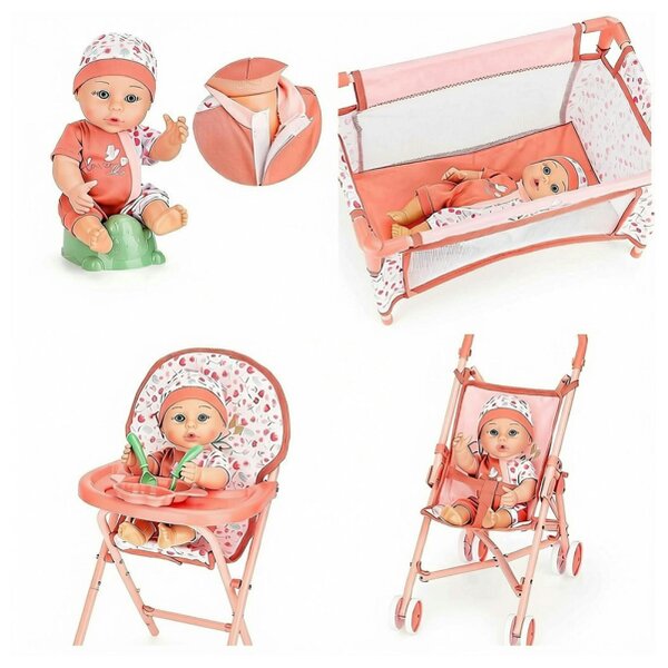 deAO Baby Doll Stroller Nursery Playset with 12" Doll, Crib, High Chair & Accessories (Ages 3+)