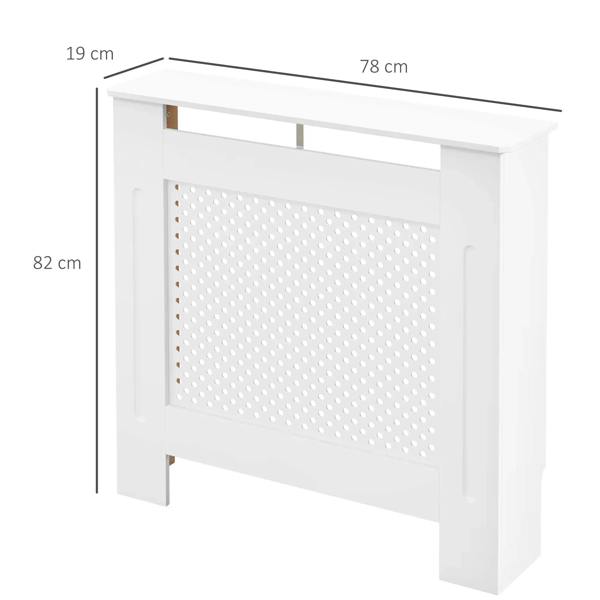 White radiator cover cabinet with perforated front grille and raised top rail.