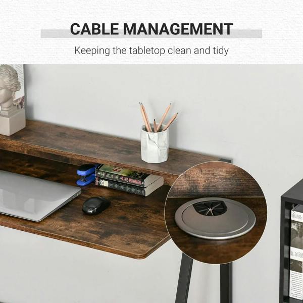 Rustic brown desk with cable management and two-tier storage surface