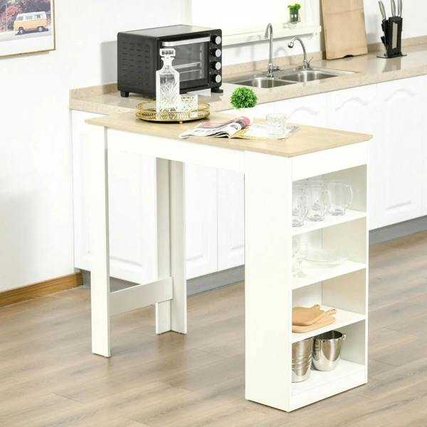 White bar table with natural wood top and open 4-tier cabinet shelf under the tabletop.