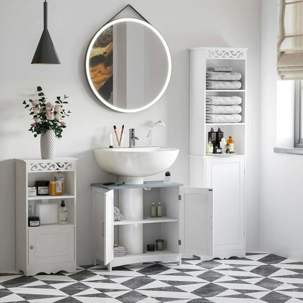White under-sink cabinet with open double doors showing interior shelves and base feet