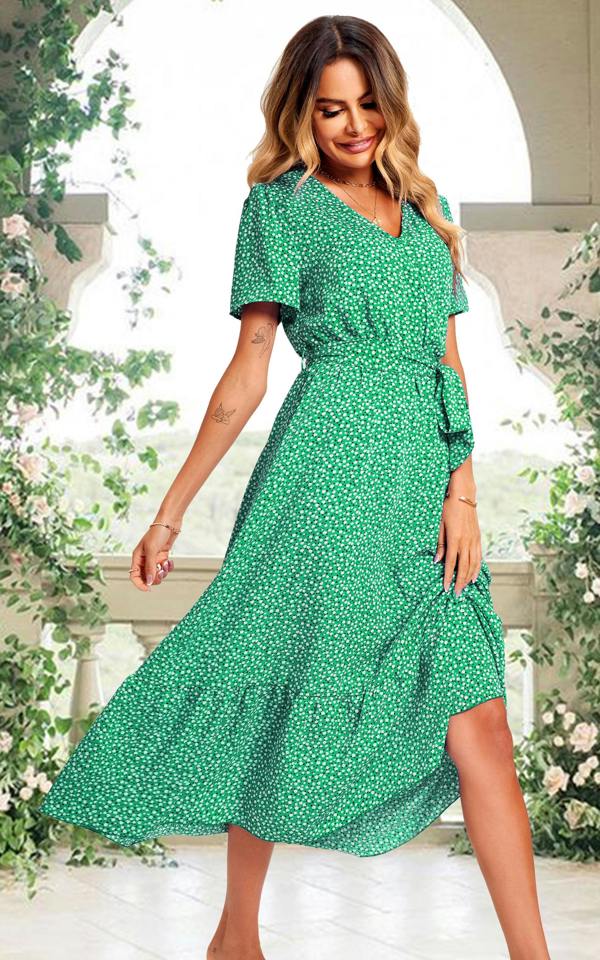FS Collection White Little Flower Print Short Sleeve Wrap Style Midi Dress In Green