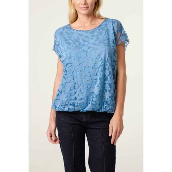 Blue Vanilla Floral Sheer Overlay Top