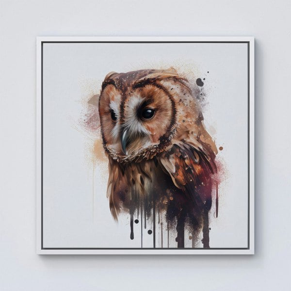 Warren Reed Tawny Owl Face Splash Art Light Background Framed Canvas