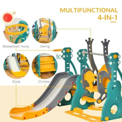 Bobobiy 3-in-1 Kids Swing and Slide Set with Basketball Hoop, Adjustable Swing Seat Height, Indoor & Outdoor Toddler Playground