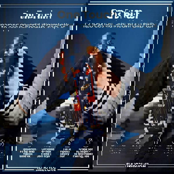 A dark-blue water bottle, featuring a giraffe design, is held; its flip top opens with a single click. The context is a person's hand, against a blue background. "One Touch," "Flip top opens one-handed with a simple click," "Flips open with a simple click," "One-handed use on the go," "Triple lock security," "100% leak proof - no twisting, no leaks," and "SLIM RECYCLON™" are also present.