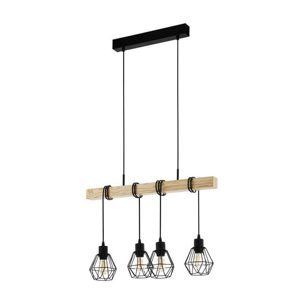 EGLO Townshend 5 Black/Natural Metal And Wood 4-Light Geometric Pendant - Industrial Style (L) 70cm