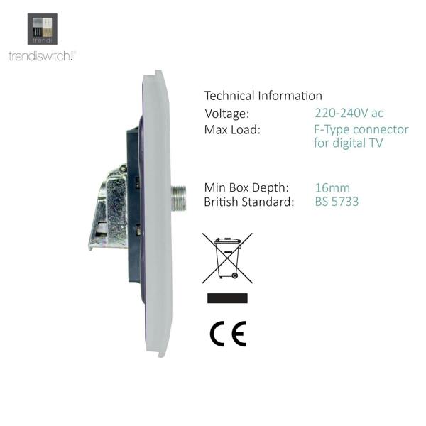 Trendi Switch 1 Gang Male F-Type Satellite Television Socket in Platinum Silver