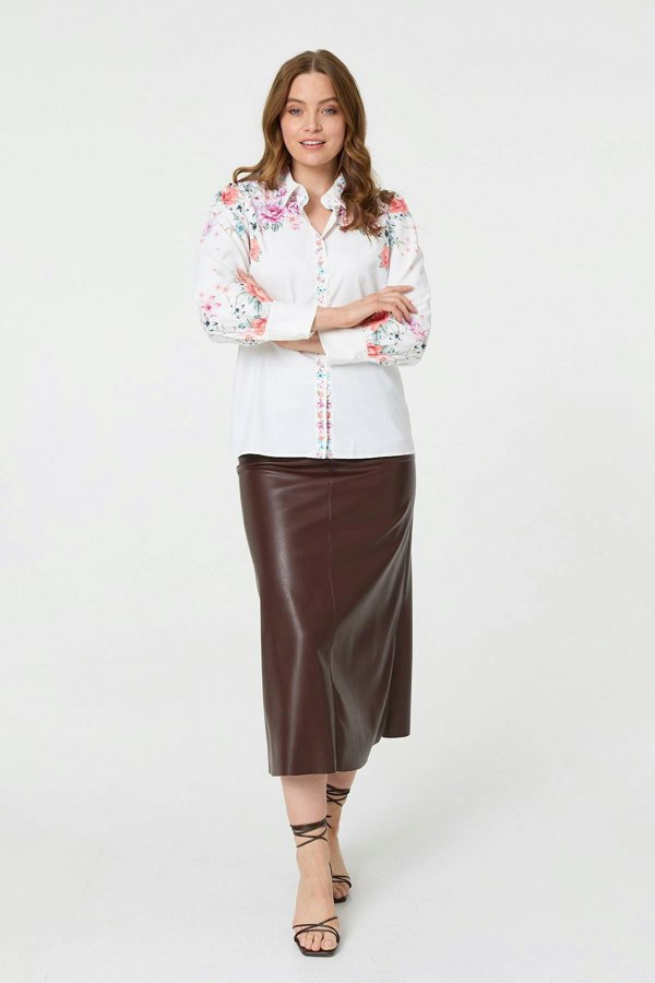 White | Floral Border Print Long Sleeve Shirt
