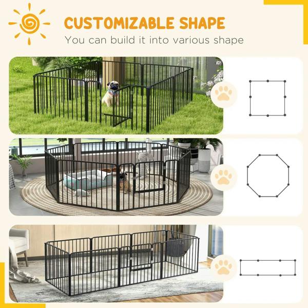 Black modular dog pen shown in customizable shapes with panel sections