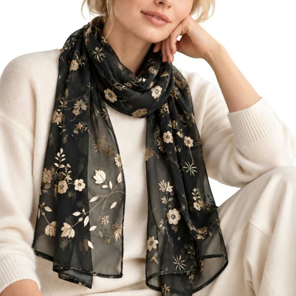 Love EMVY Ladies Sheer Floral Scarf with Gold Effect Print 180 x 70cm