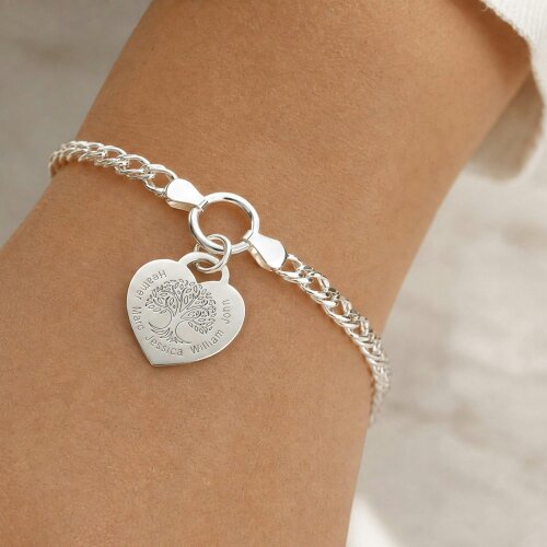 Christopher James of London Sterling Silver Personalised Tree of Life Heart Charm Double Curb Bracelet
