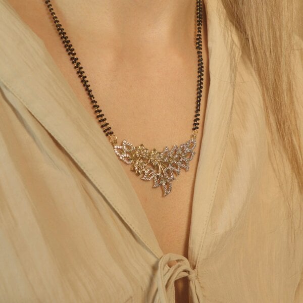 The Colourful Aura Indian Nazaria Silver Floral Zircon Mangalsutra Black Beads Earring and Pendant Necklace
