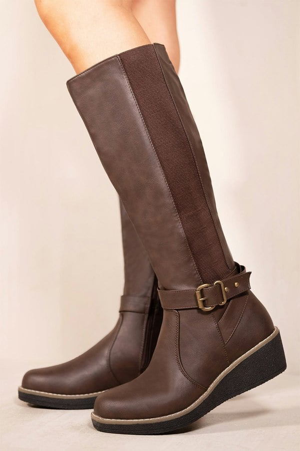 Where's That From Ayleen Wedge Heel Knee High Boots With Elastic Panel in Brown Faux Leather