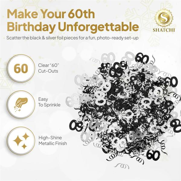 60th Birthday Black & Silver Metallic Confetti Table Decoration, Pack Options for Party Displays image 5