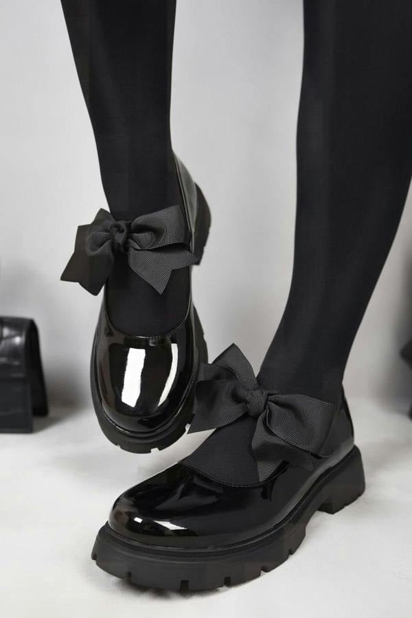 Taylee Chunky Sole Patent Ballet Flats With Bow Detail - Black