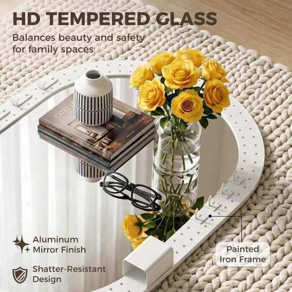 Oval Wall Mirror, 60 x 90 cm Decorative Hanging Mirror with Pegboard Frame, Wall-Mounted, White