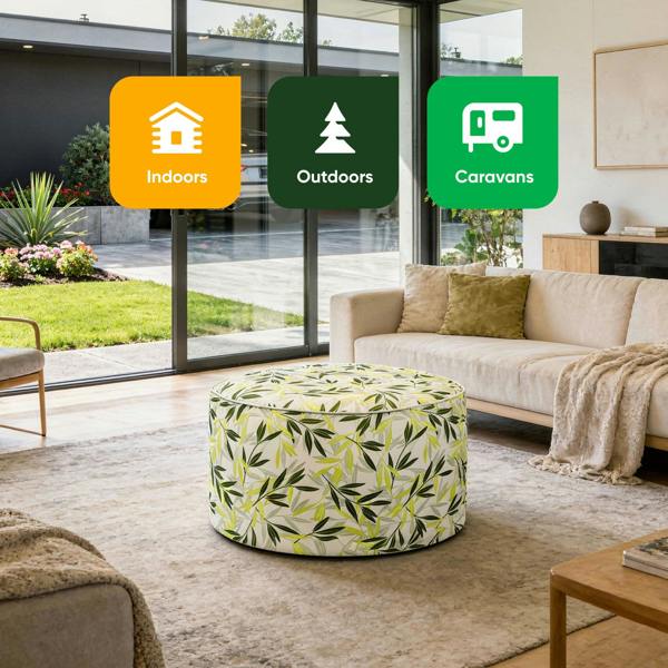 Gardenwize Outdoor Pouf Ottoman – Green/Grey Leaf Inflatable Footstool