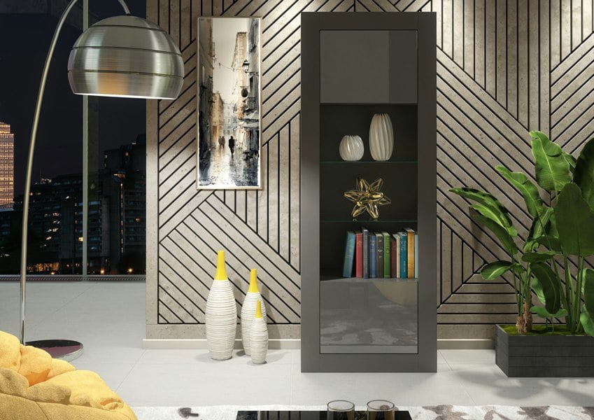 Mex Furniture Modern Display Cabinet 170cm – Black Body & Black Gloss Doors