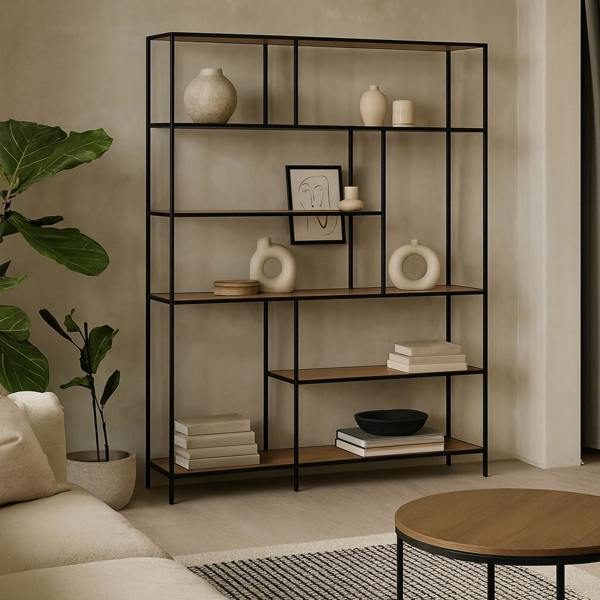 Wyld Haus El Paso Asymmetrical Black Bookcase 4 Wild Oak Effect Shelves