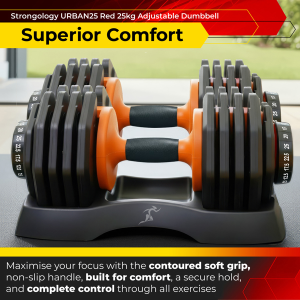 Strongology Urban25 Home Fitness Black and Orange Adjustable Smart Dumbbells from 2.5kg up to 25kg Training Weights