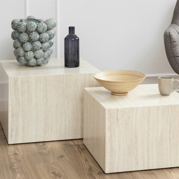 Furniture To Go Dice Square Coffee Table Set in Light Travertine Effect