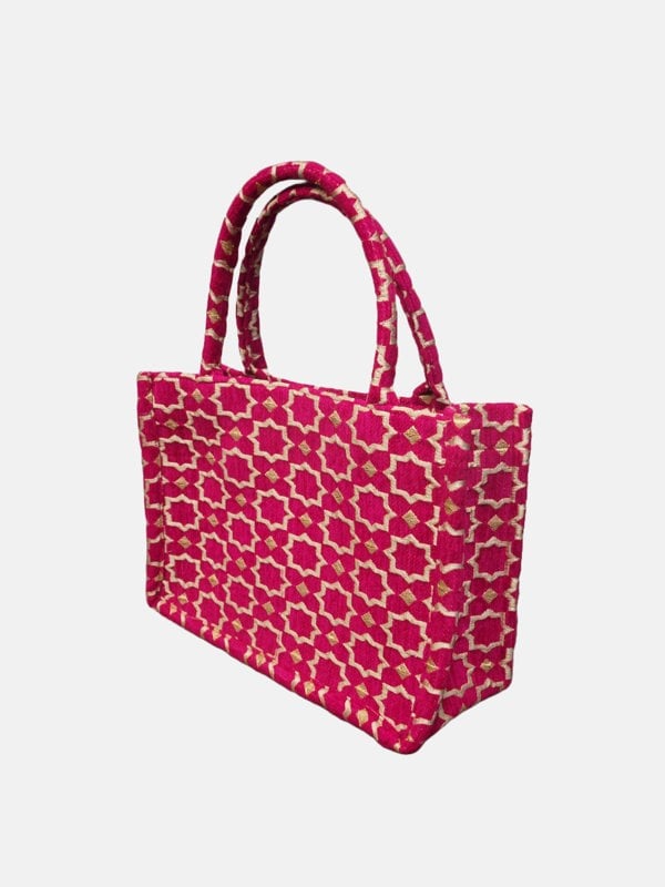 Berber Leather Moroccan Geometric Print Fabric Tote Bag in Pink