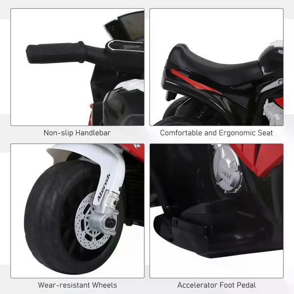 Kids ride-on motorbike feature panel: non-slip handlebars, ergonomic seat, pedal and wheels