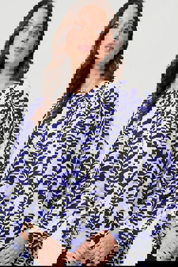 Blue | Leaf Print Long Sleeve Ruched Blouse