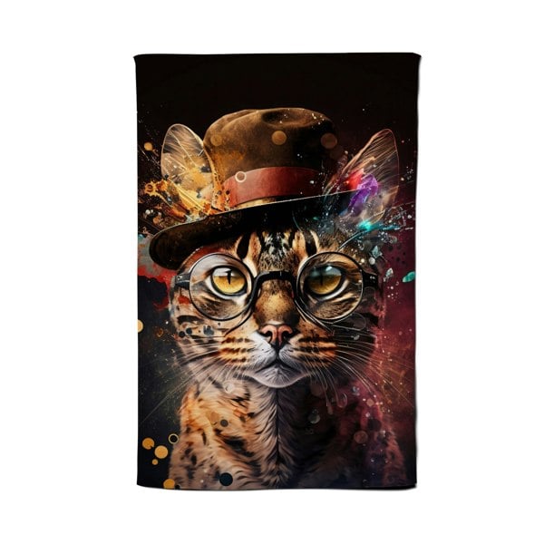 Warren Reed Bengal Cat With Glasses And Hat Splashart Tea Towel