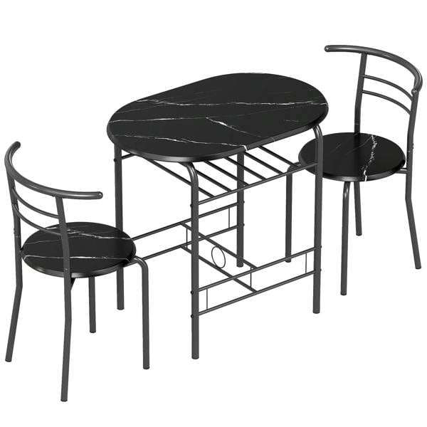 Compact black dining table with two armless chairs, round tabletop and curved frames