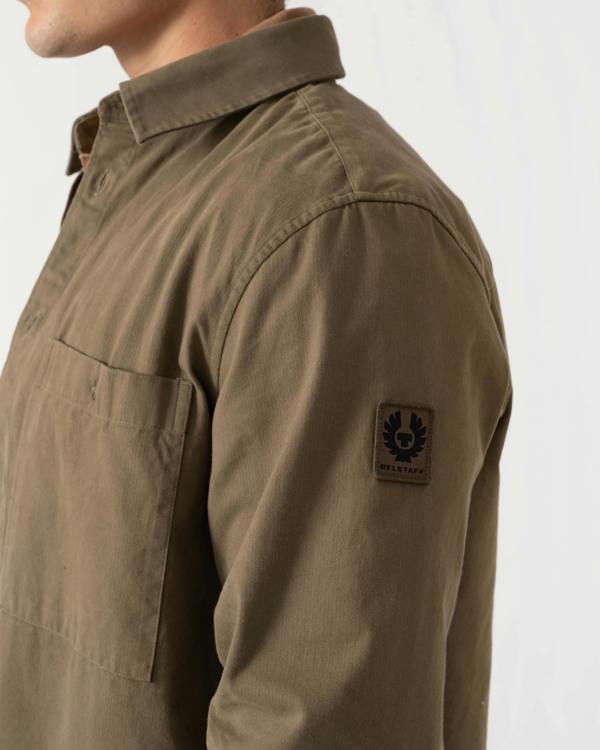 Close up detail of Belstaff Mens Outpost Shirt Cotton Herringbone - Khaki Green