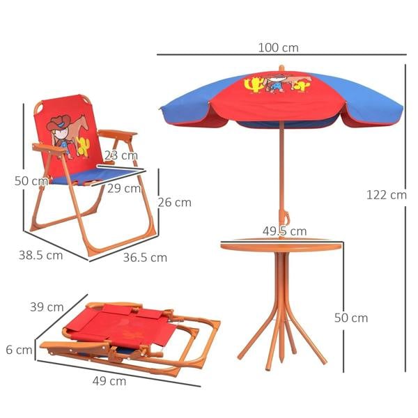 Kids cowboy picnic table and chair set with parasol, shown with measurements