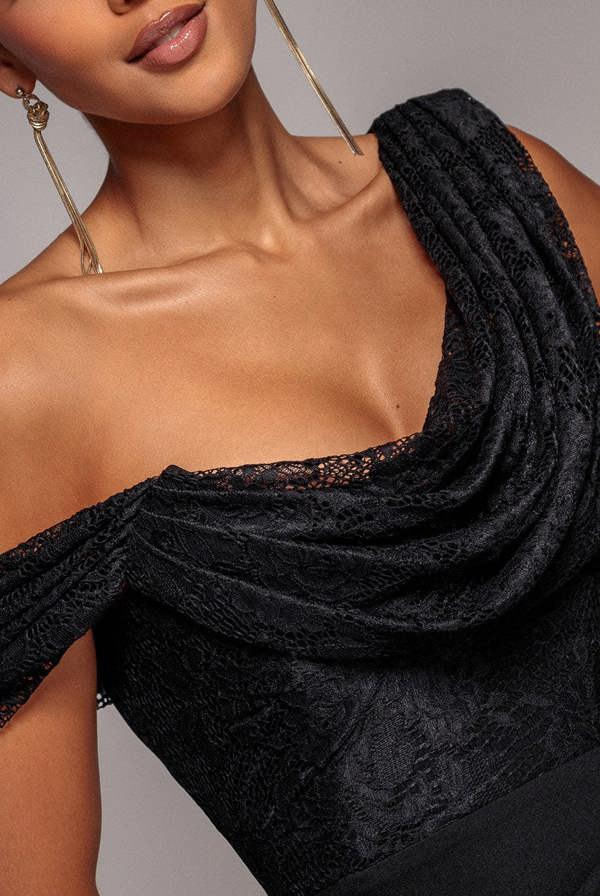 Lace Cowl One Shoulder Scuba Crepe Maxi Dress - Black DR5093