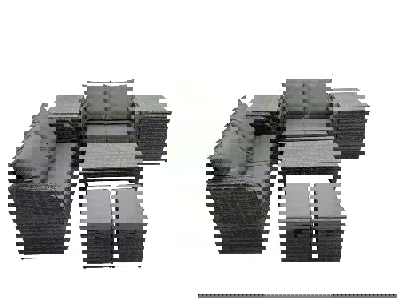 Fimous 3 Seater Sofa Reclining Chair Coffee Table Set Rattan Garden Outdoor Furniture Set with 2 Side Tables 2 Small Stools Dark Grey Mixed