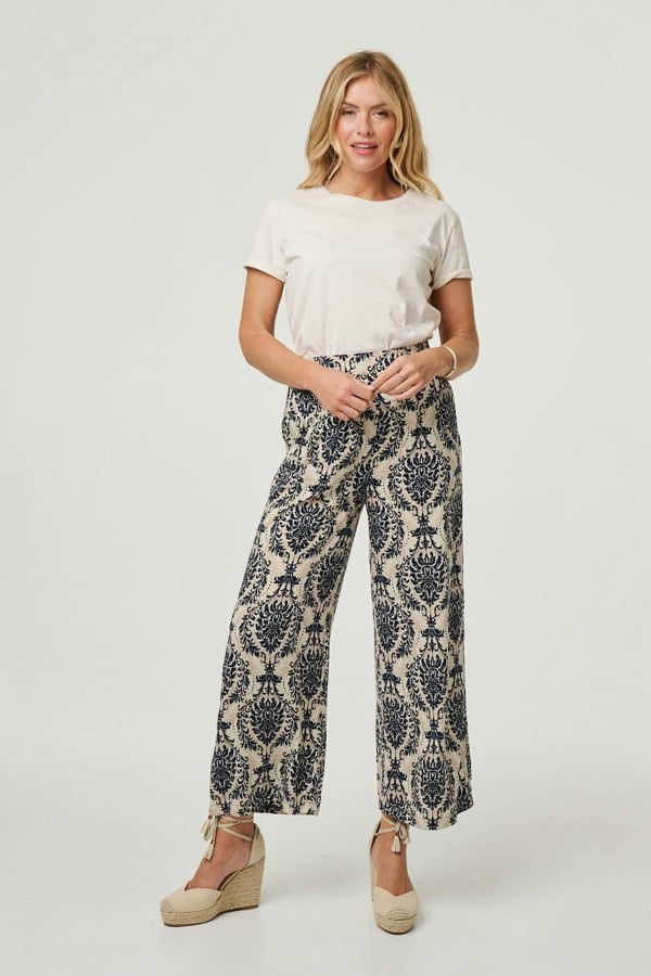 Blue | Baroque Print High Waist Wide Trousers
