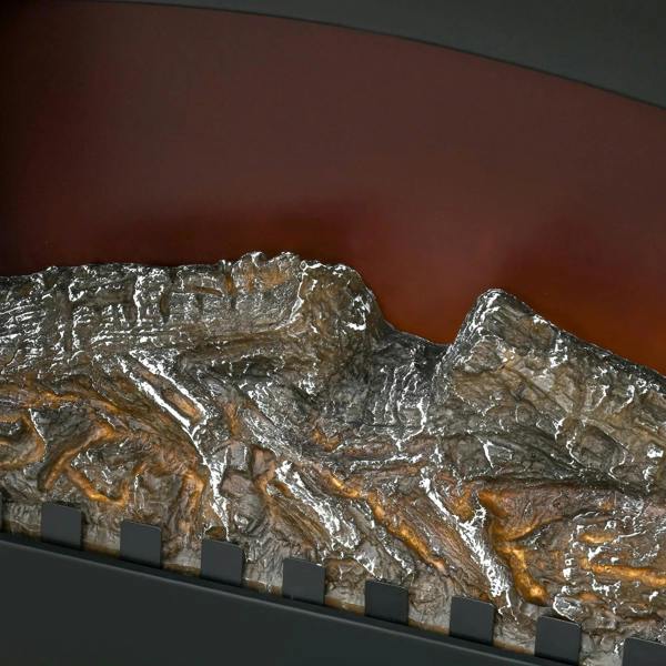 Close-up of LED flame effect and faux logs inside a black electric fireplace stove heater