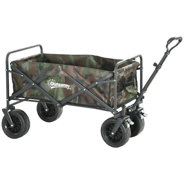 Folding garden trolley with camouflage fabric bed, steel frame and side handle