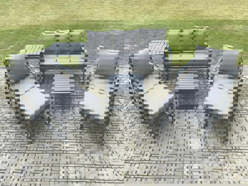 Fimous Aluminium Outdoor Lounge Sofa Set Garden Furniture Sets with Square Coffee Table 2 Chairs 2 Big Footstools Side Table Dark Grey 7 Seater