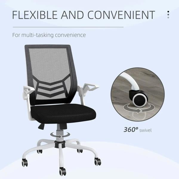 Black mesh office chair with padded seat and swivel base with caster wheels