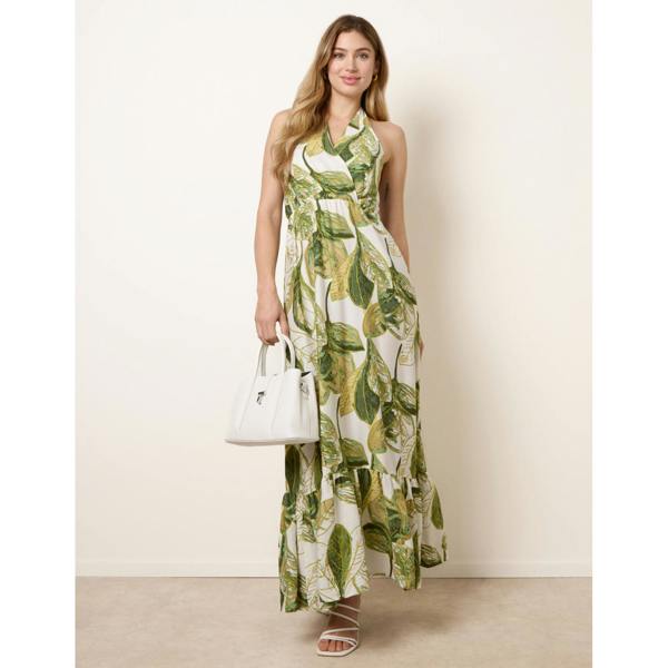 Blue Vanilla Leaf Print Halter Neck Dress