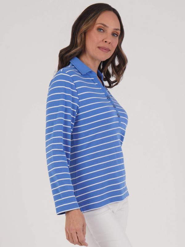 PennyPlain Notch Neck Top - Light Ultramarine/white