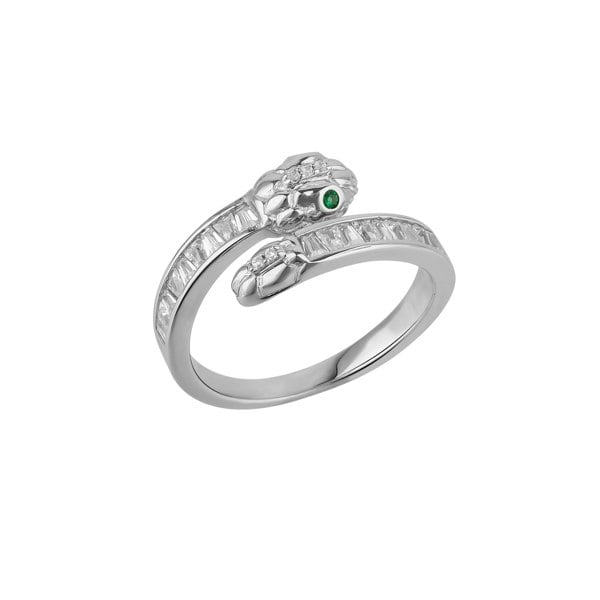 Spero London Baguette Snake Ring With Green Eyes in Sterling Silver